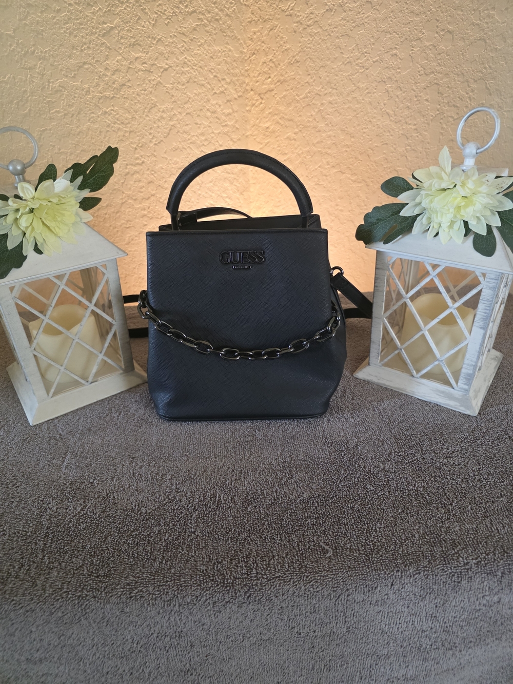 GUESS Black Chain-Accent Top Handle Bag